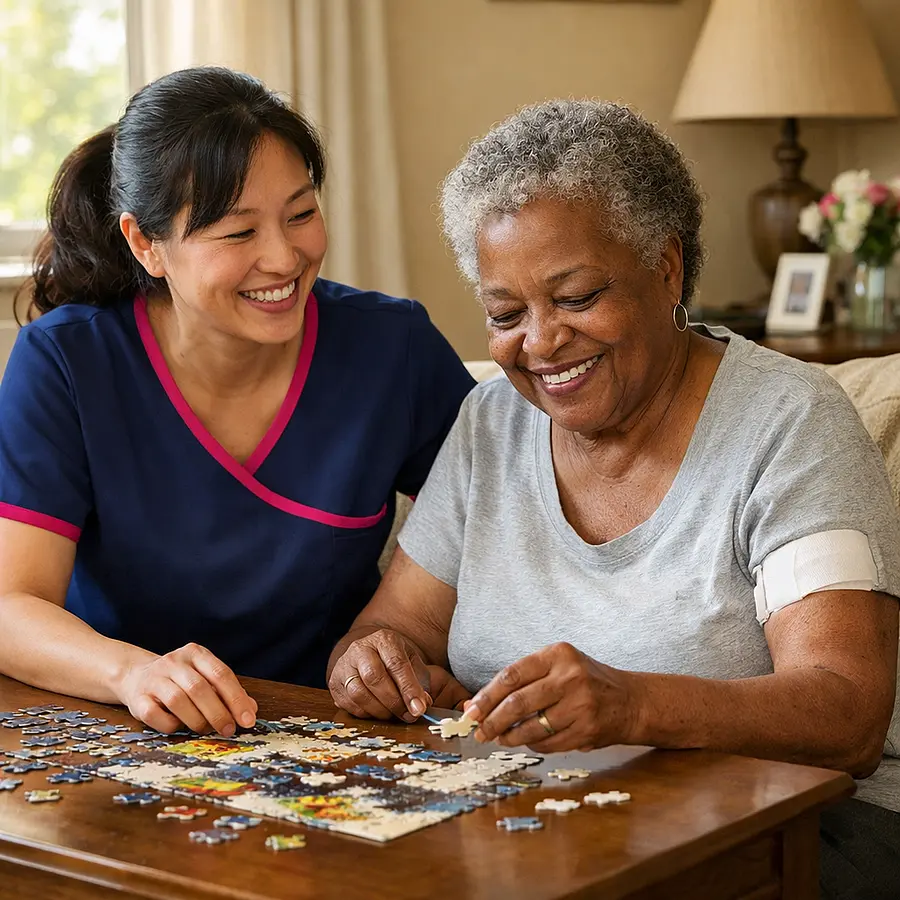 A realistic home care image featuring an asian female caregiver in a 00072b tunic with e51974 trim sitting beside a black older woman doing a jigsaw puzzle after surgery. They are smiling and relaxed with sunlight from a window and a cosy living room creating a warm joyful recovery scene.