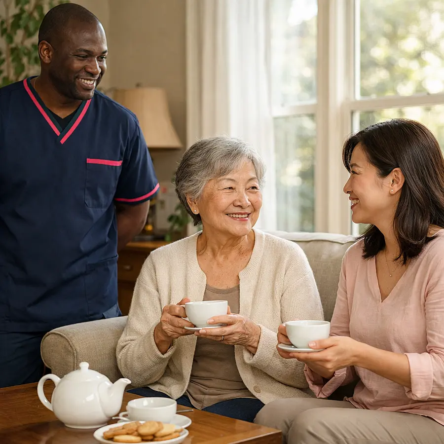A realistic home care image of a black male caregiver in a 00072b tunic with e51974 accent standing nearby while an asian elderly woman and her daughter talk over tea in a sunlit lounge everyone relaxed and smiling softly warm and reassuring family setting realistic photography