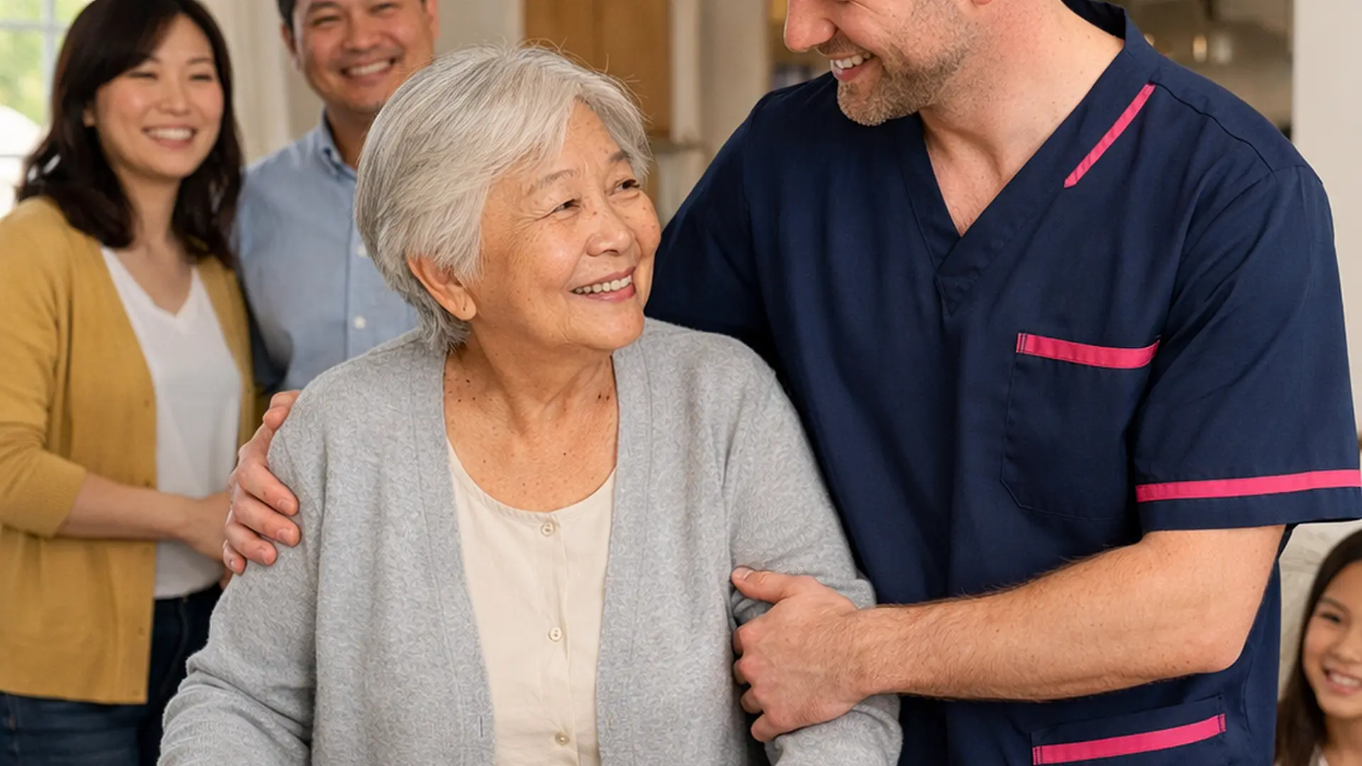 A realistic home care image of a caucasian male caregiver in a 00072b tunic with e51974 accent supporting an elderly asian woman through a gentle daily routine while her family look relieved and happy bright and welcoming home realistic photography