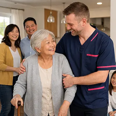 A realistic home care image of a caucasian male caregiver in a 00072b tunic with e51974 accent supporting an elderly asian woman through a gentle daily routine while her family look relieved and happy bright and welcoming home realistic photography