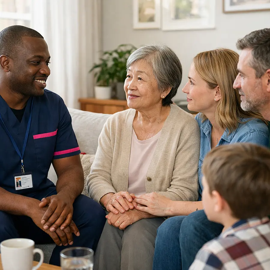 A realistic home care image showing a black male caregiver in 00072b tunic with e51974 accent speaking reassuringly with a caucasian family and an older asian woman at home collaborative supportive atmosphere bright living room natural realism.