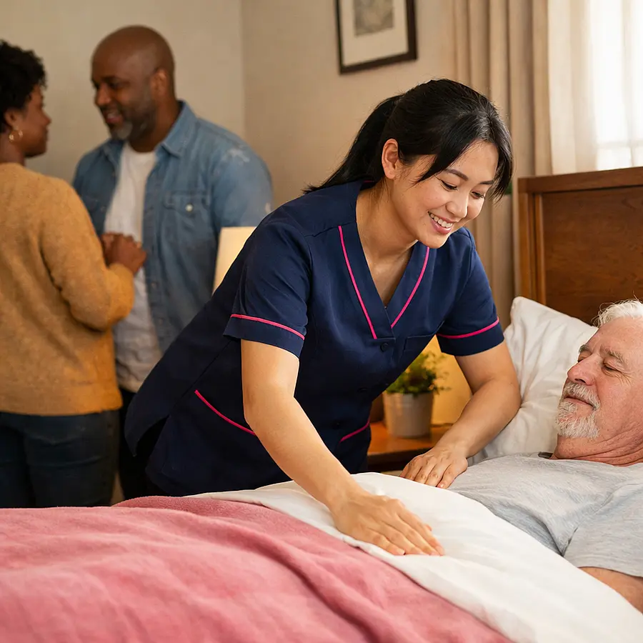 A realistic home care image showing an asian female caregiver in a tunic uniform colour 00072b with e51974 accent changing bedding and tidying a peaceful bedroom for a caucasian male service user while black family members talk quietly nearby warm and reassuring atmosphere