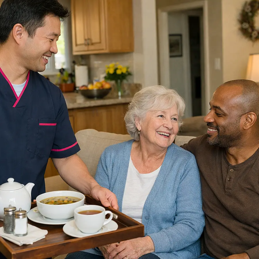 A realistic home care image showing an asian male caregiver in 00072b tunic with e51974 trim carrying a tray with soup and tea while a caucasian older woman chats with her black son warm and supportive family home setting realistic detail.