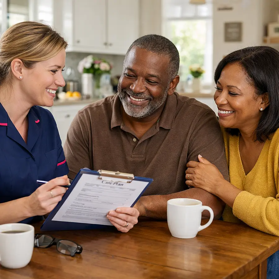A realistic home care image with a caucasian female caregiver wearing a 00072b tunic with e51974 trim reviewing a care plan with a black middle aged male service user and family member at a dining table warm expressions reassuring atmosphere bright tidy home.