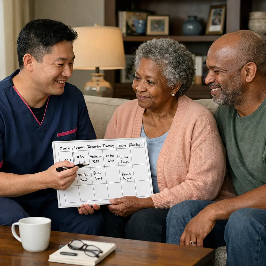 A realistic home care photograph of an asian male caregiver in a 00072b tunic with e51974 accent sharing a simple calendar routine with an elderly black woman and her son everyone calm and smiling gently homely lounge realistic and reassuring