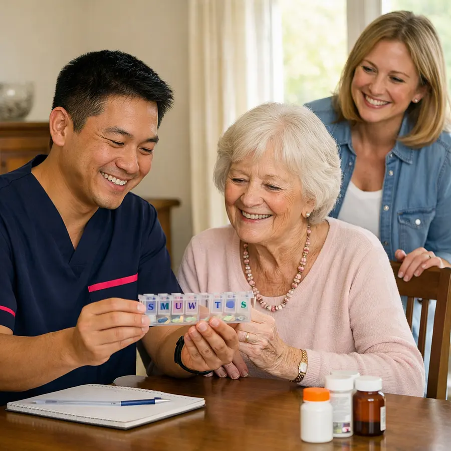 A realistic home care photograph of an asian male caregiver in a 00072b tunic with e51974 accent reviewing a medication organiser with an elderly caucasian woman at her dining table both smiling with reassurance daughter nearby relieved bright natural lighting