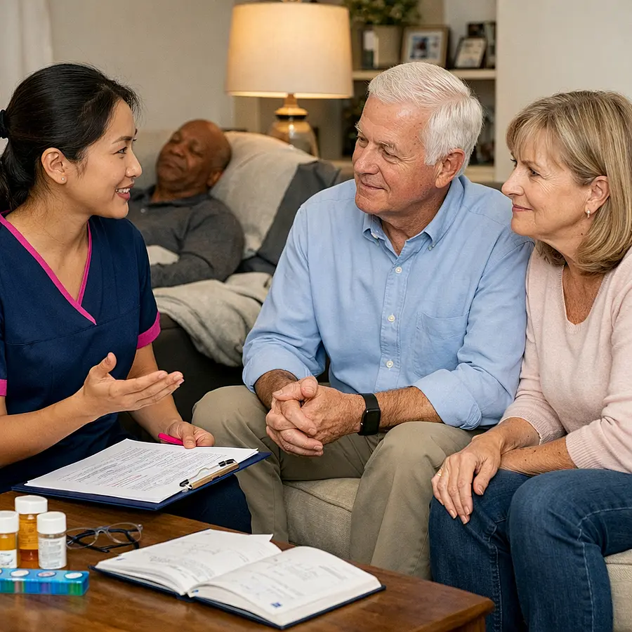 A realistic home care planning image showing an asian female caregiver in a tunic uniform colour 00072b with e51974 accent gently discussing practical next steps with a caucasian couple in a quiet living room while a black elderly service user rests comfortably calm respectful and warm
