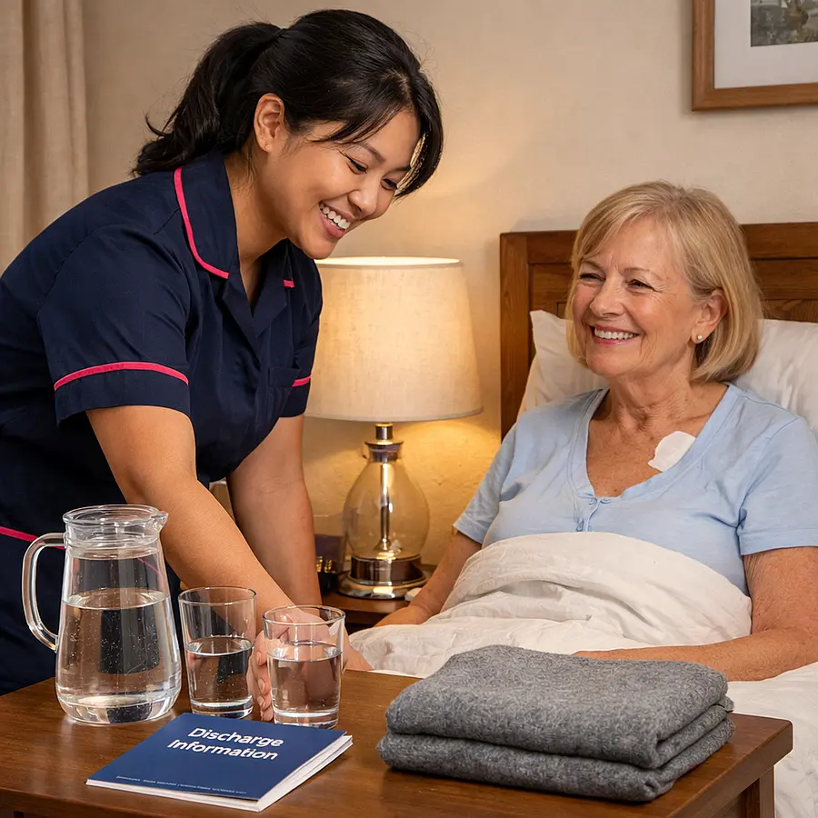 A realistic home care preparation scene showing an asian female caregiver in 00072b uniform with e51974 accents arranging a bedside table for a caucasian female service user after surgery with water jug glasses lamp discharge booklet and folded blanket both smiling with relief realistic photography