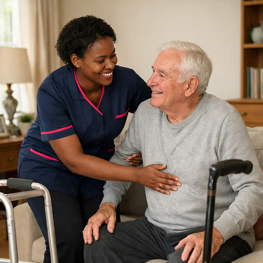A realistic home care scene after surgery with a black female caregiver wearing a tunic uniform in 00072b with e51974 accents smiling warmly while supporting an older caucasian man in a tidy living room. The service user looks reassured and comfortable with walking aids nearby soft natural light and