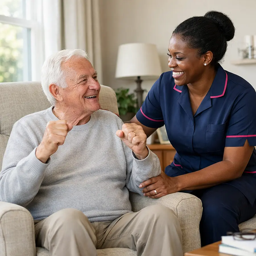 A realistic home care scene in a bright living room a black female caregiver wearing a tunic uniform in 00072b with e51974 accent smiling warmly beside an elderly caucasian man seated comfortably encouraging simple seated movement natural daylight tidy home setting joyful and reassuring atmosphere r