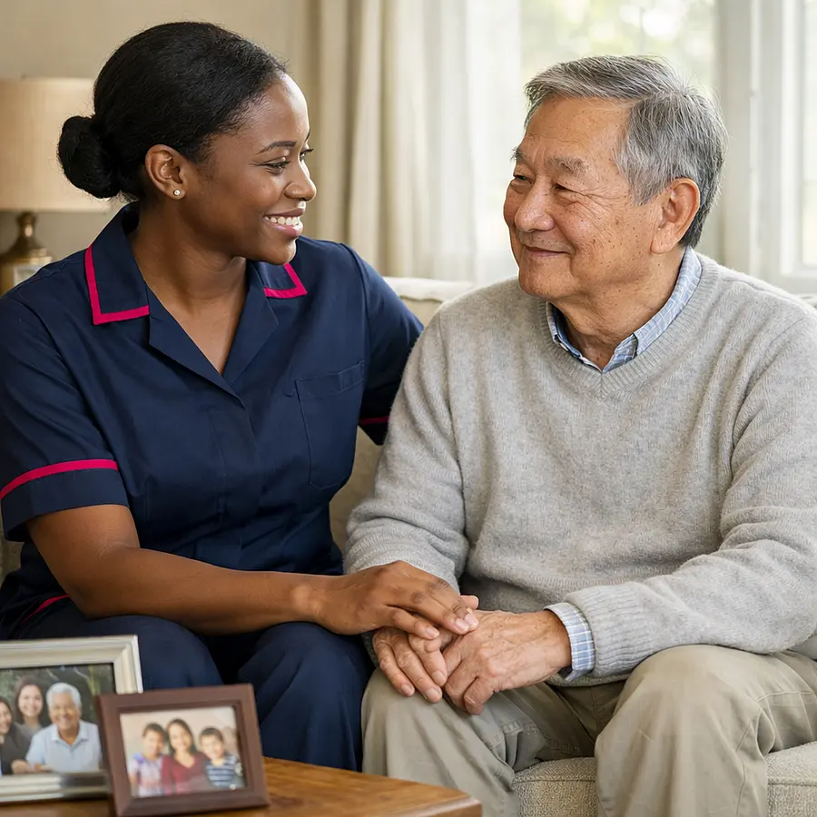 A realistic home care scene in a bright living room with a black female caregiver wearing a tunic uniform in color 00072b with e51974 accents sitting warmly beside an asian older male service user on a sofa both smiling gently during a reassuring conversation family photos nearby soft natural light