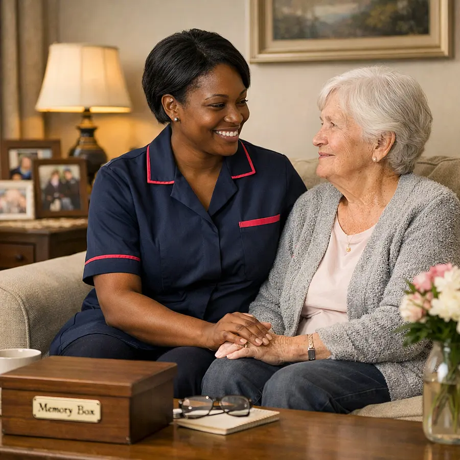 A realistic home care scene in a softly lit living room showing a black female caregiver wearing a tunic uniform in color 00072b with e51974 accent smiling warmly beside an elderly caucasian woman on a sofa with family photos a memory box flowers and a calm atmosphere that conveys reassurance dignit