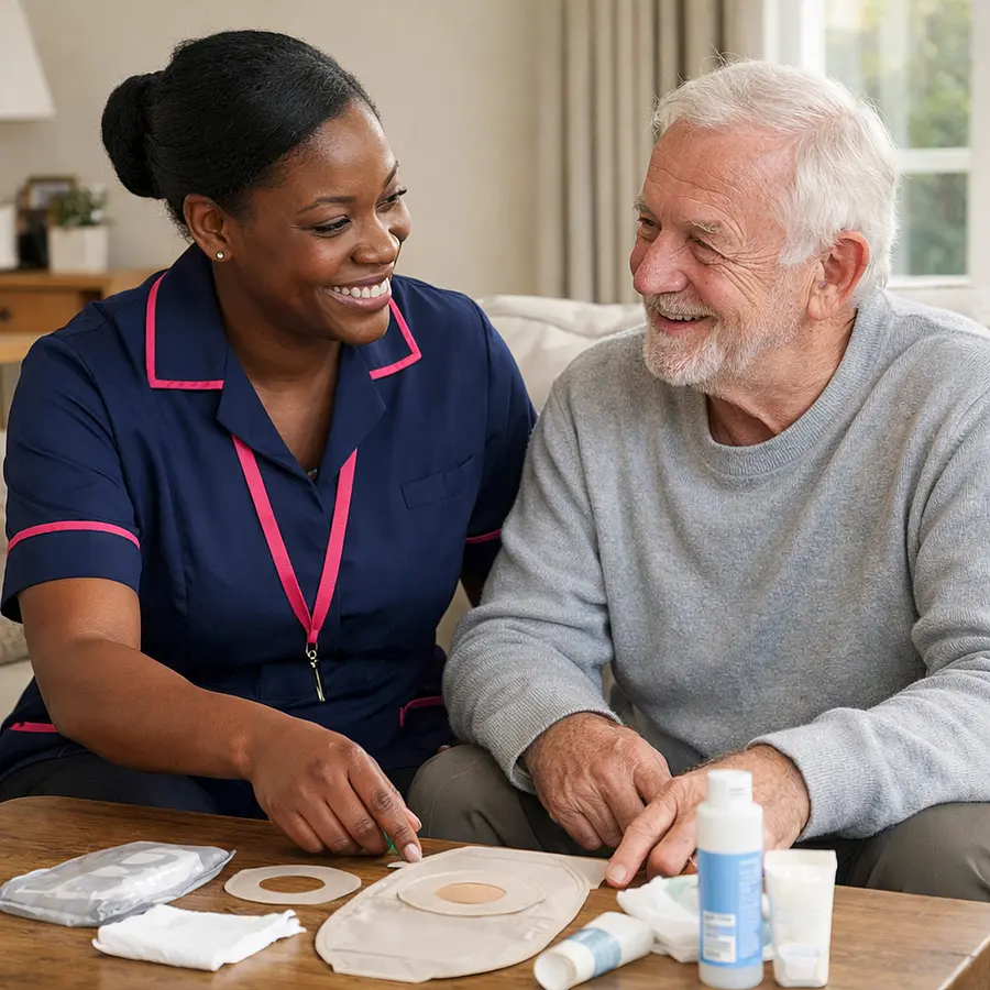 A realistic home care scene showing a black female caregiver in a tunic uniform with color 00072b and accent e51974 sitting beside an older caucasian male service user in a bright living room gently discussing stoma care supplies on a table both smiling warmly conveying reassurance dignity and confi