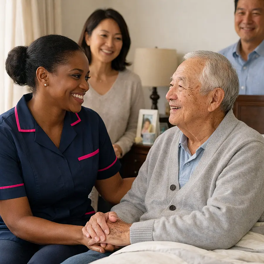 A realistic home care scene showing a black female caregiver in a tunic uniform colour 00072b with e51974 accent sitting beside an elderly asian male service user in a calm bedroom at home speaking gently with family nearby warm expressions reassuring atmosphere soft natural light tidy room conveyin