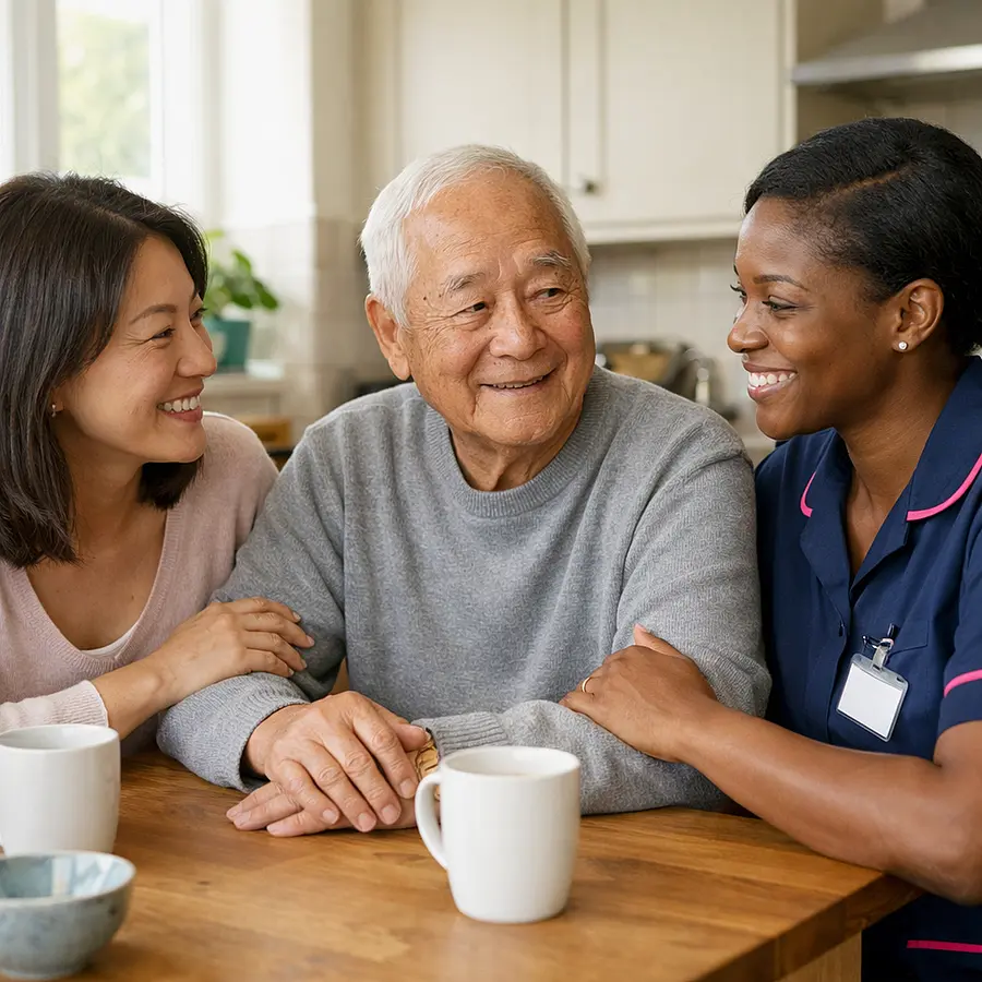 A realistic home care scene showing a black female caregiver in a tunic uniform coloured 00072b with e51974 accent sitting warmly with an elderly asian man and his adult daughter at a kitchen table all smiling gently during a supportive conversation bright natural light reassuring family atmosphere