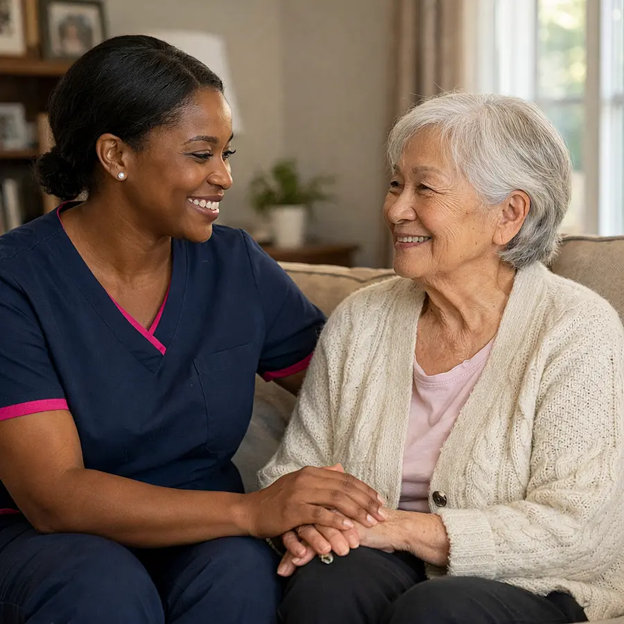 A realistic home care scene showing a black female caregiver wearing a tunic uniform in color 00072b with e51974 accents sitting beside an elderly asian woman in a cosy living room offering reassurance with a warm smile soft natural lighting calm home setting joy and warmth realistic photography sty