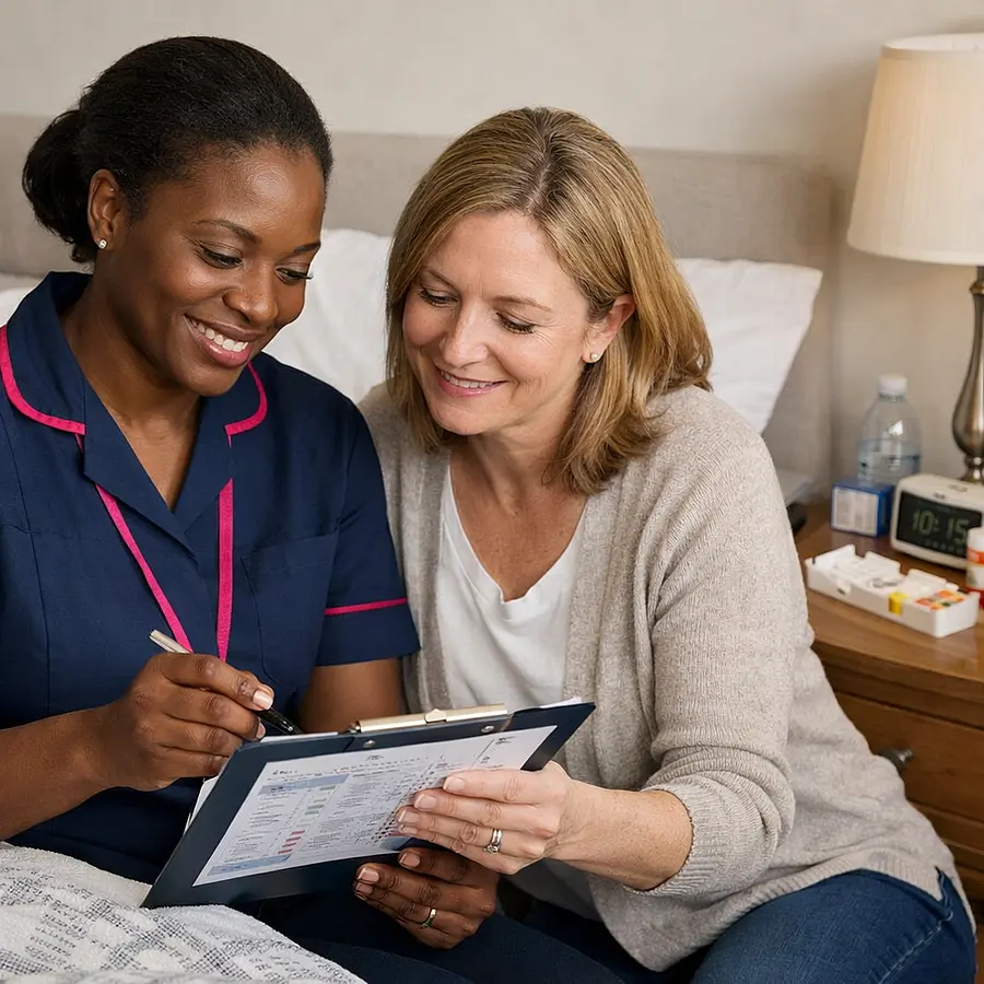 A realistic home care scene showing a black female caregiver in a tunic uniform colour 00072b with e51974 accent reviewing medication notes with a caucasian family member beside a resting asian female service user bedside table organised caring smiles calm and professional atmosphere