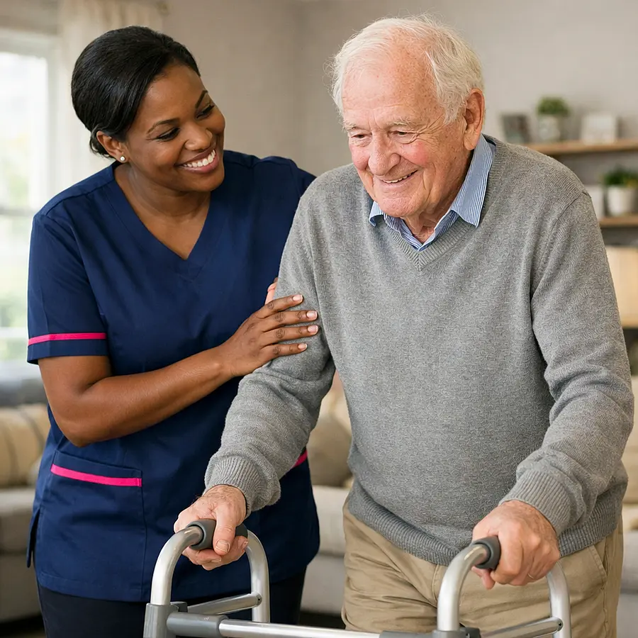 A realistic home care scene showing a black female caregiver wearing a tunic uniform in color 00072b with e51974 accents warmly supporting an elderly caucasian man as he carefully walks in a bright living room using a walking aid both smiling gently conveying reassurance safety confidence and a posi