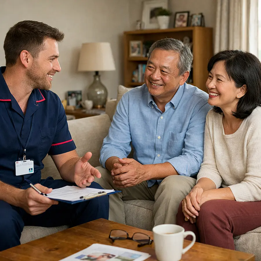 A realistic home care scene showing a caucasian male caregiver in 00072b tunic with e51974 trim discussing flexible support options with an asian couple in their home welcoming expressions comfortable sitting room realistic and reassuring mood.
