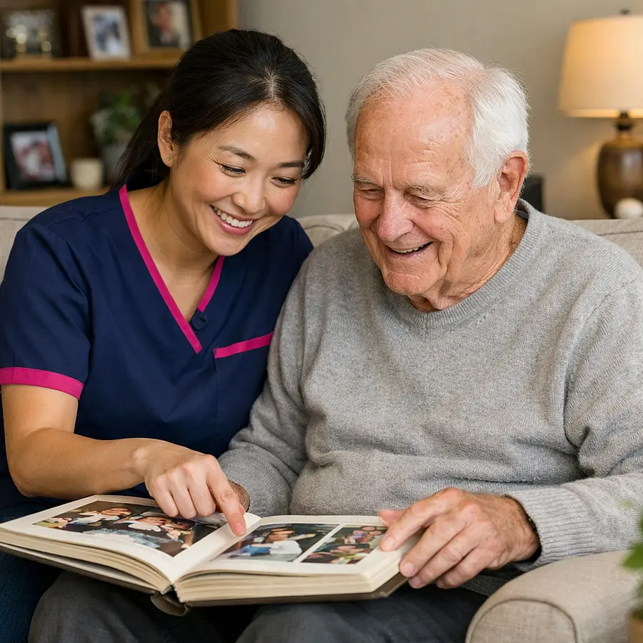A realistic home care scene showing an asian female caregiver in 00072b tunic with e51974 accent looking through family photo albums with a caucasian elderly man on a sofa both smiling warmly gentle emotional connection realistic photography style.