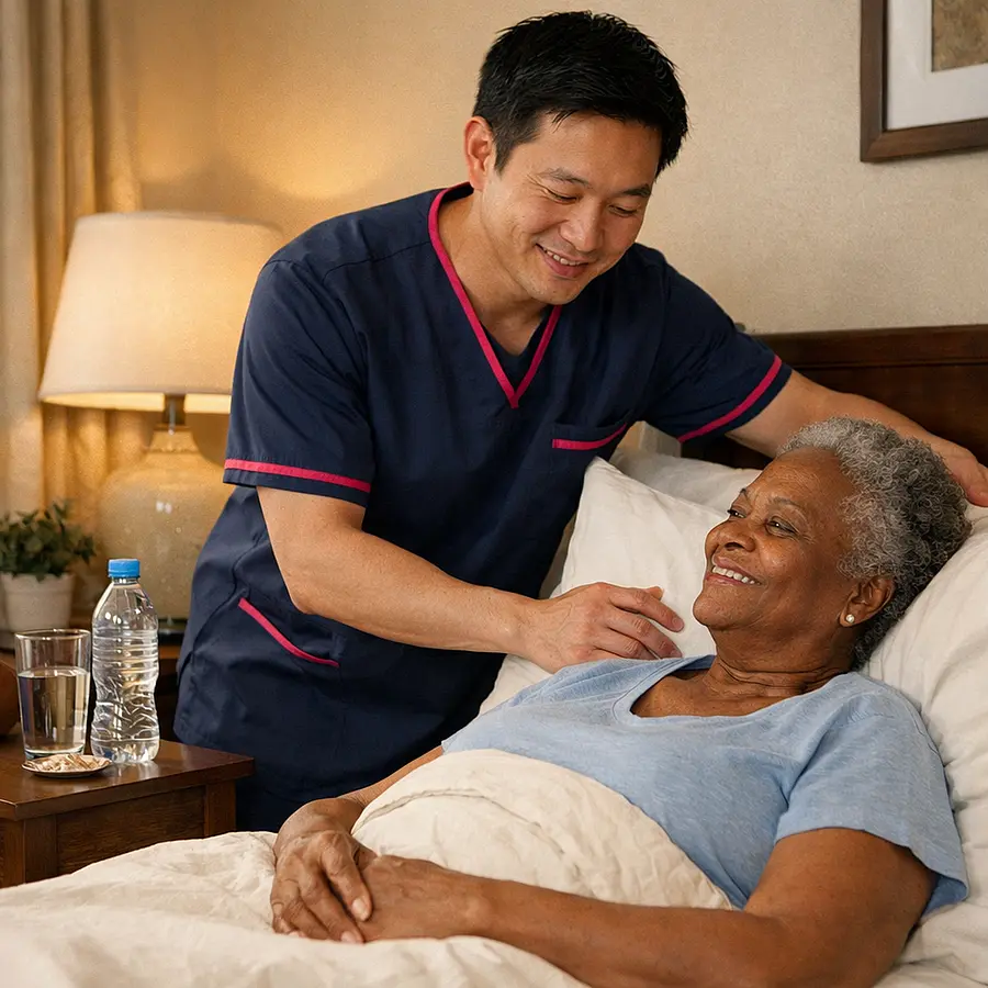 A realistic home care scene showing an asian male caregiver in 00072b tunic with e51974 trim adjusting pillows and water beside a black older woman in a bedroom both comfortable and calm warm supportive atmosphere realistic detail.