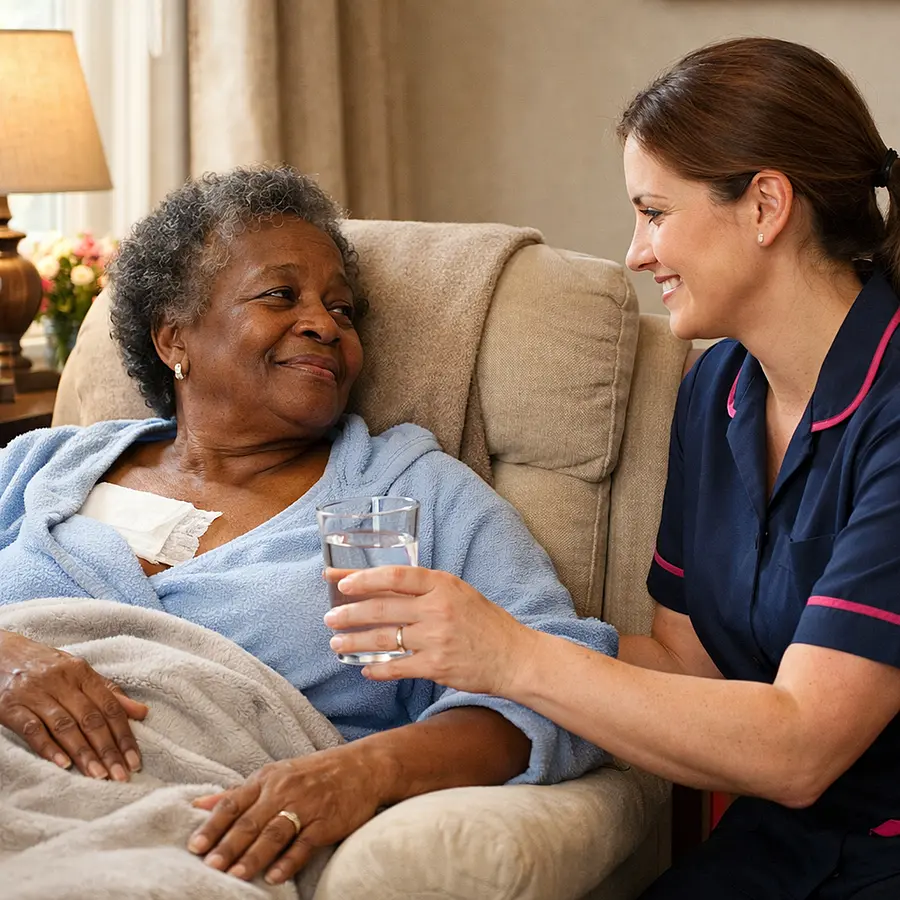 A realistic home care scene with a caucasian female caregiver in a 00072b tunic with e51974 trim checking on a black older woman resting in an armchair after surgery. The caregiver offers water and reassurance and the atmosphere feels calm warm and hopeful with realistic lighting and details.