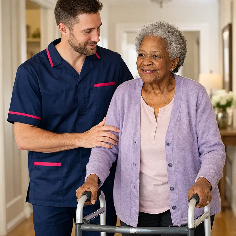 A realistic home care scene with a caucasian male caregiver in 00072b tunic with e51974 details helping a black elderly female service user walk carefully indoors using mobility aids both calm and reassured bright hallway natural realistic style.