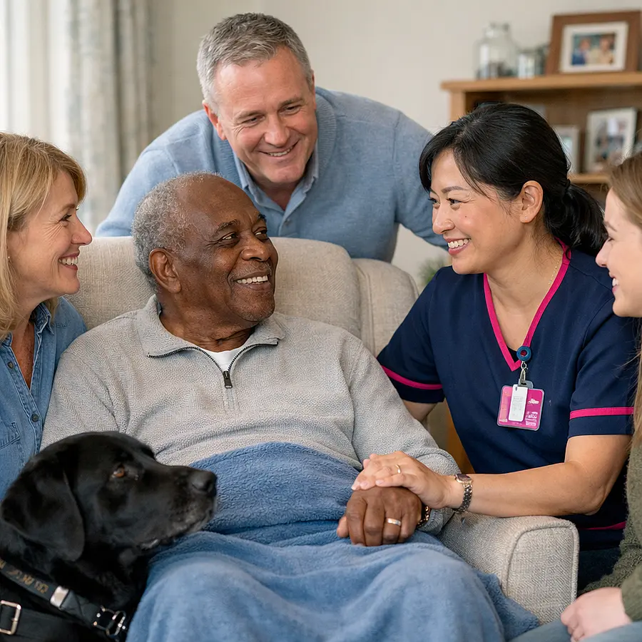 A realistic home care visit with an asian female caregiver in a 00072b tunic with e51974 accent speaking warmly with a caucasian family around an elderly black service user everyone appearing reassured and supported in a bright tidy living room with a compassionate professional atmosphere.