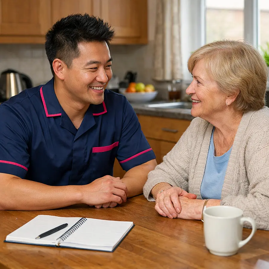 A realistic home conversation scene with an asian male caregiver wearing a 00072b tunic uniform with e51974 accents speaking gently with a caucasian female service user at a kitchen table notepad nearby both relaxed and engaged warm home setting realistic and supportive