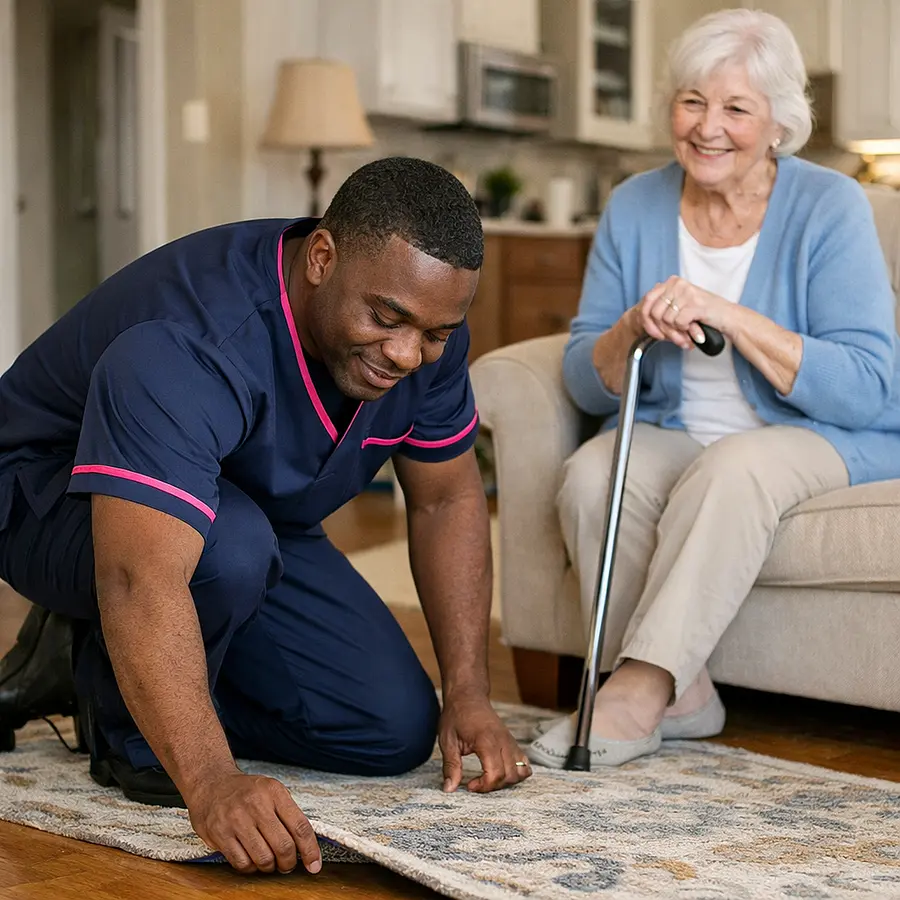 A realistic home environment featuring a black male caregiver in a 00072b tunic with e51974 accents checking that rugs and walkways are safe while an elderly caucasian woman watches with a relieved smile demonstrating a warm supportive atmosphere focused on recovery at home after a fall.