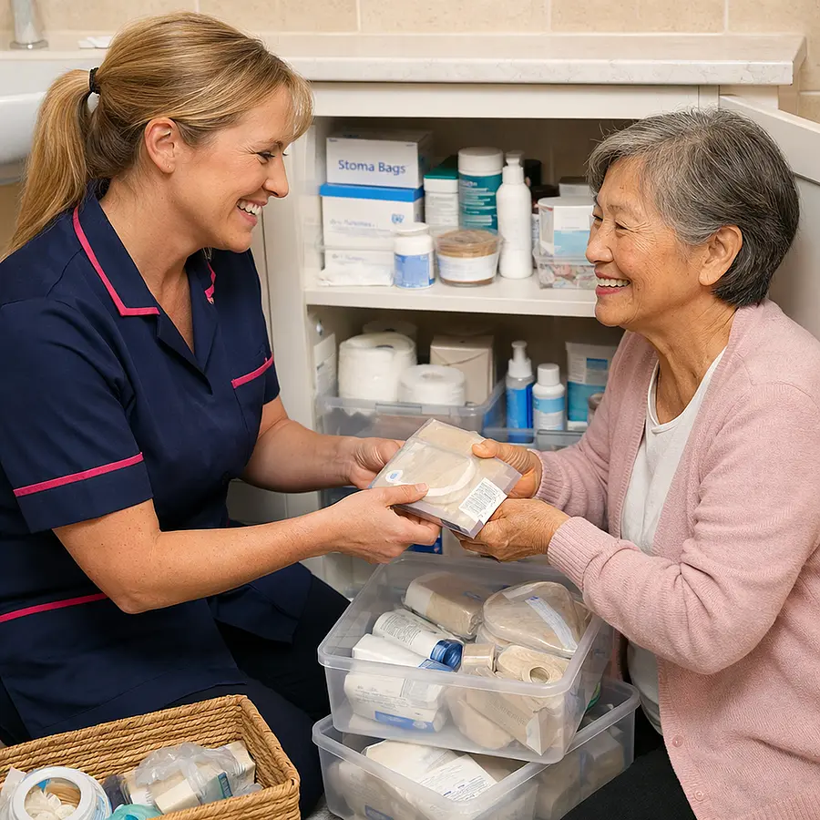 A realistic home environment with a caucasian female caregiver wearing a 00072b tunic with e51974 trim helping an asian elderly female service user organise stoma supplies neatly in a bathroom cupboard both relaxed and smiling clean and practical surroundings warm and reassuring mood.