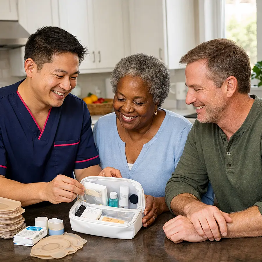 A realistic home kitchen image with an asian male caregiver in 00072b tunic with e51974 details showing a caucasian adult son and his older black mother how to organise stoma supplies discreetly everyone relaxed and reassured bright welcoming setting.