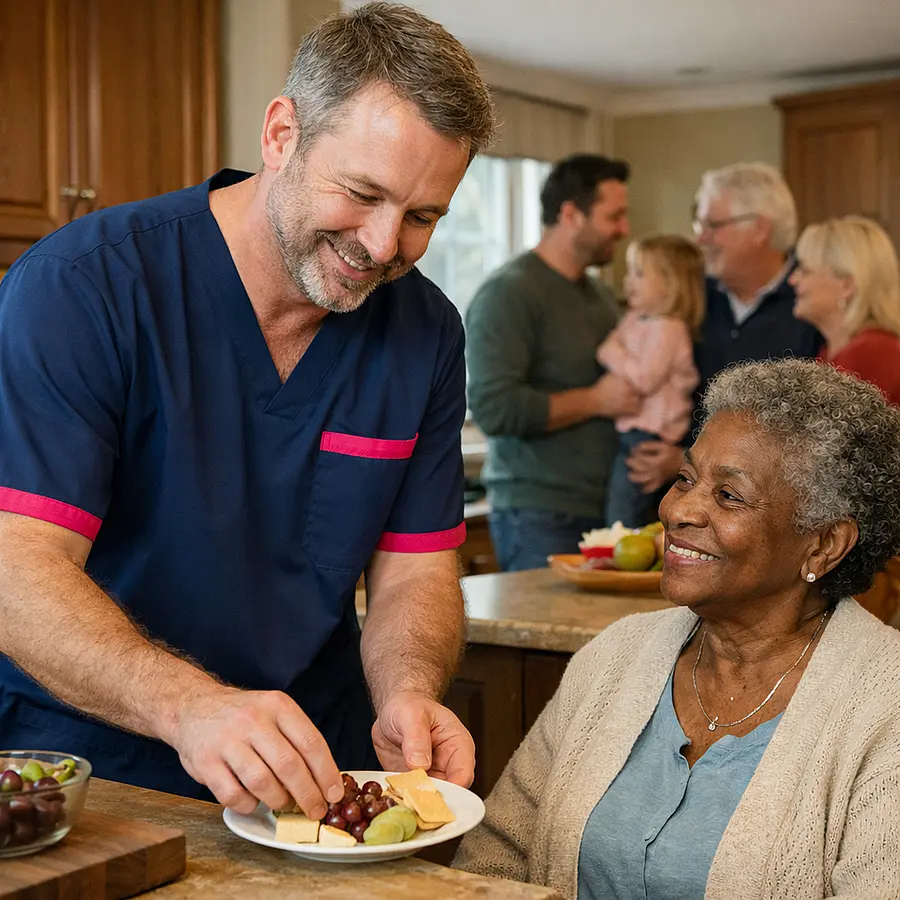 A realistic home kitchen scene with a caucasian male caregiver wearing a 00072b tunic with e51974 accent preparing a small comforting plate for an older black woman seated nearby both smiling gently with family gathered in the background and a warm homely atmosphere.
