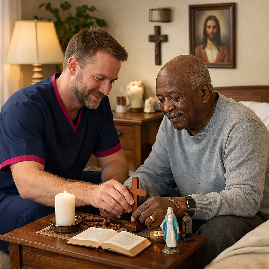 A realistic home prayer and reflection space with a caucasian male caregiver in a 00072b tunic with e51974 accent respectfully helping an older black service user arrange meaningful items beside the bed both calm and reassured in a realistic warm room with dignified peaceful detail.