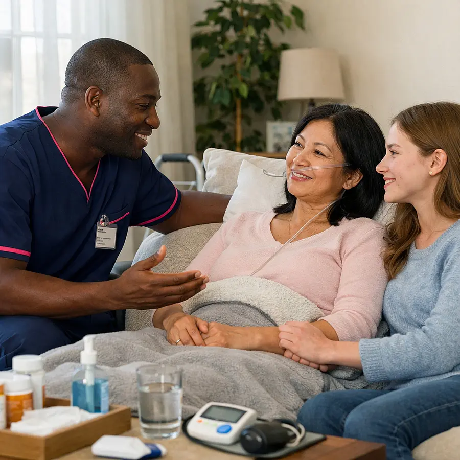 A realistic home recovery scene showing a black male caregiver in a 00072b tunic with e51974 detail speaking reassuringly with a caucasian daughter and her recovering asian mother. Everyone appears calm and supported in a bright living room with recovery items neatly arranged.