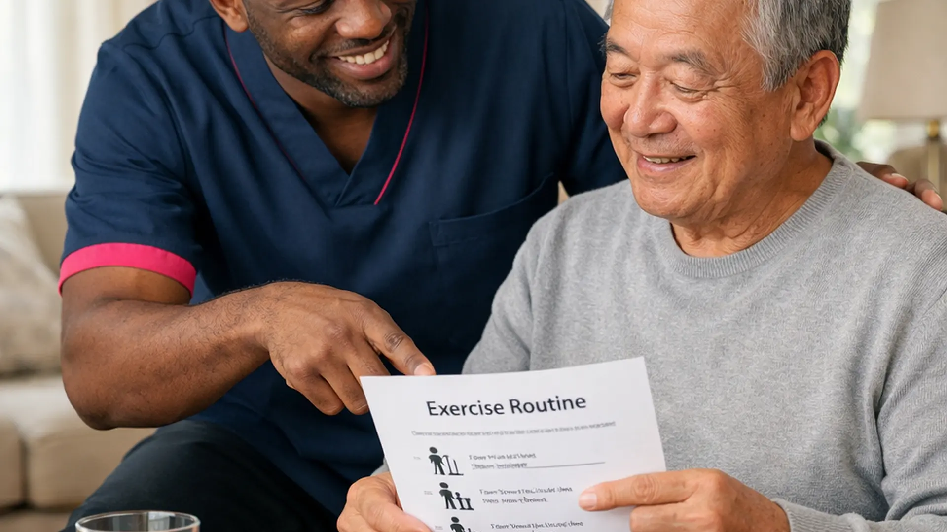 A realistic home support image showing a black male caregiver in a 00072b tunic with e51974 accent encouraging an asian older man to follow a simple written exercise routine while seated glass of water and reading glasses nearby bright lounge warm smiles calm and reassuring realistic atmosphere