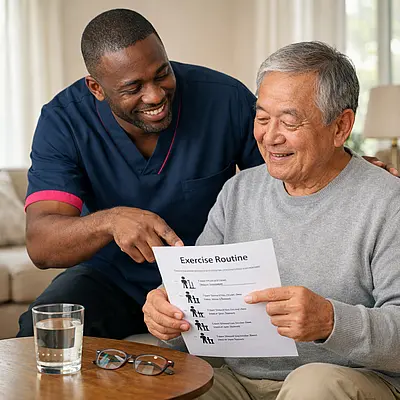 A realistic home support image showing a black male caregiver in a 00072b tunic with e51974 accent encouraging an asian older man to follow a simple written exercise routine while seated glass of water and reading glasses nearby bright lounge warm smiles calm and reassuring realistic atmosphere