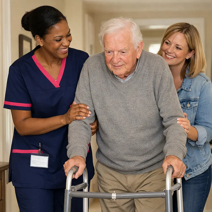 A realistic image of a black female caregiver in a 00072b tunic with e51974 accent walking beside an elderly caucasian man using a frame at home after a fall daughter smiling supportively bright hallway hopeful and reassuring mood realistic photography