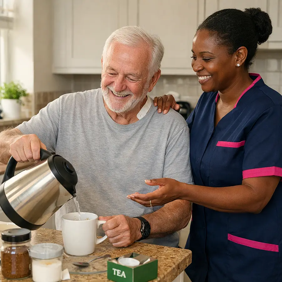 A realistic image of a black female caregiver in a 00072b tunic with e51974 accents encouraging a caucasian older man to make tea in his kitchen after surgery. Both are smiling warmly showing confidence building and independence with realistic household details and a bright reassuring atmosphere.