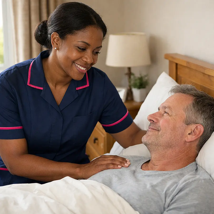 A realistic image of a black female caregiver in a 00072b tunic uniform with e51974 accent gently checking in with a caucasian middle aged man resting in bed at home comforting expression tidy bedroom warm natural light reassuring and calm.