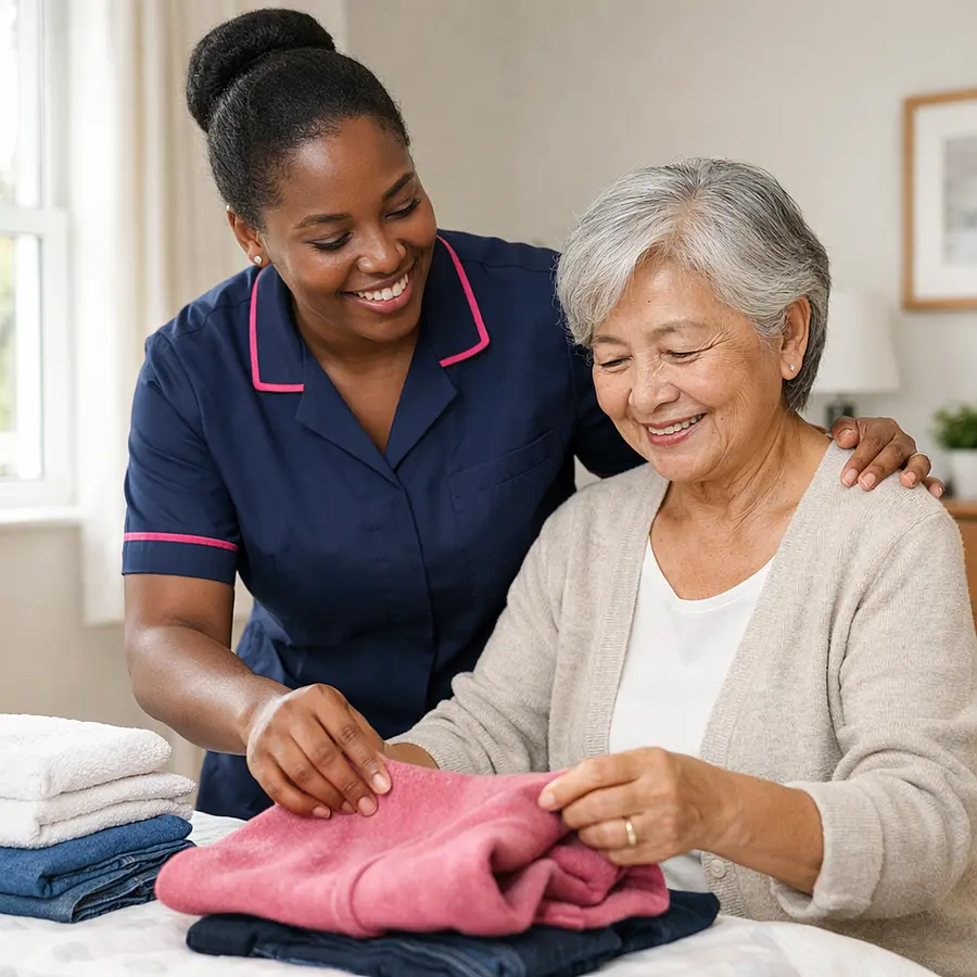 A realistic image of a black female caregiver in a 00072b tunic with e51974 accent gently helping an elderly asian woman prepare clothes in a bright bedroom both smiling comfortably respectful and dignified atmosphere supportive family care context realistic photography