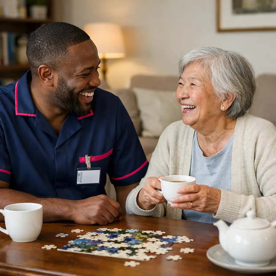 A realistic image of a black male caregiver in a 00072b tunic with e51974 accent laughing gently with an elderly asian woman over tea and a puzzle cosy living room joyful and reassuring expressions realistic home care photograph