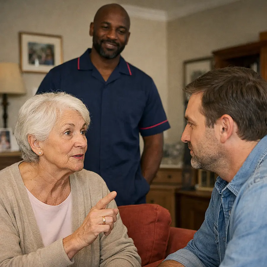 A realistic image of a black male caregiver in a 00072b tunic with e51974 accent standing supportively in the background while an elderly caucasian woman speaks firmly yet calmly with her adult son warm respectful atmosphere realistic family home photography