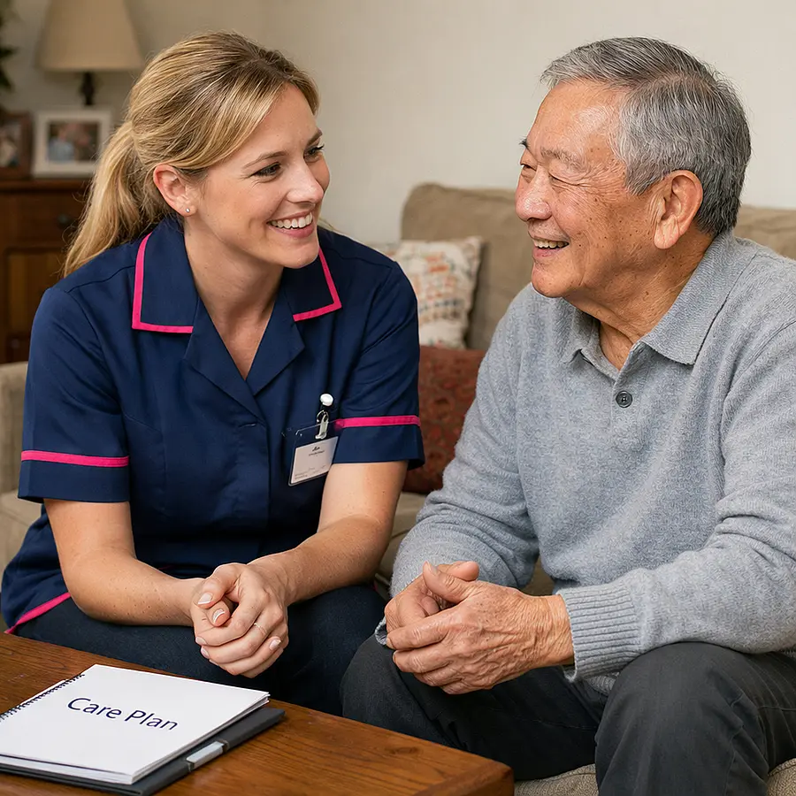 A realistic image of a caucasian female caregiver in a 00072b tunic uniform with e51974 accent listening attentively to an asian older male service user in his living room care plan notebook nearby warm smiles trust and reassurance realistic home setting.