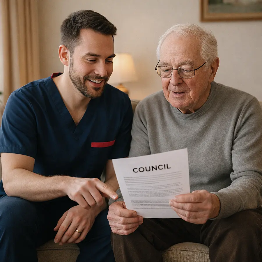A realistic image of a caucasian male caregiver in tunic 00072b with accent e51974 helping an older gentleman review council paperwork warm and calm living room setting supportive and reassuring interaction.