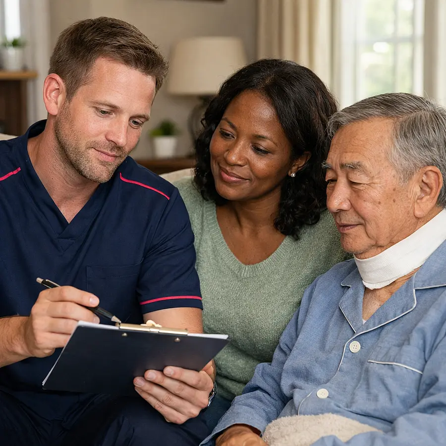 A realistic image of a caucasian male caregiver in a 00072b tunic with e51974 accent reviewing recovery notes with a black woman caring for her asian father after surgery. They look focused yet reassured seated in a tidy lounge with a calm supportive atmosphere and natural light.