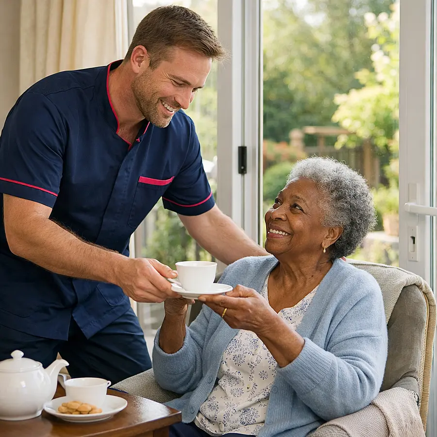 A realistic image of a caucasian male caregiver in a 00072b tunic with e51974 trim helping a black older woman enjoy tea by a sunny garden door relaxed smiles peaceful home care atmosphere realistic and warm.