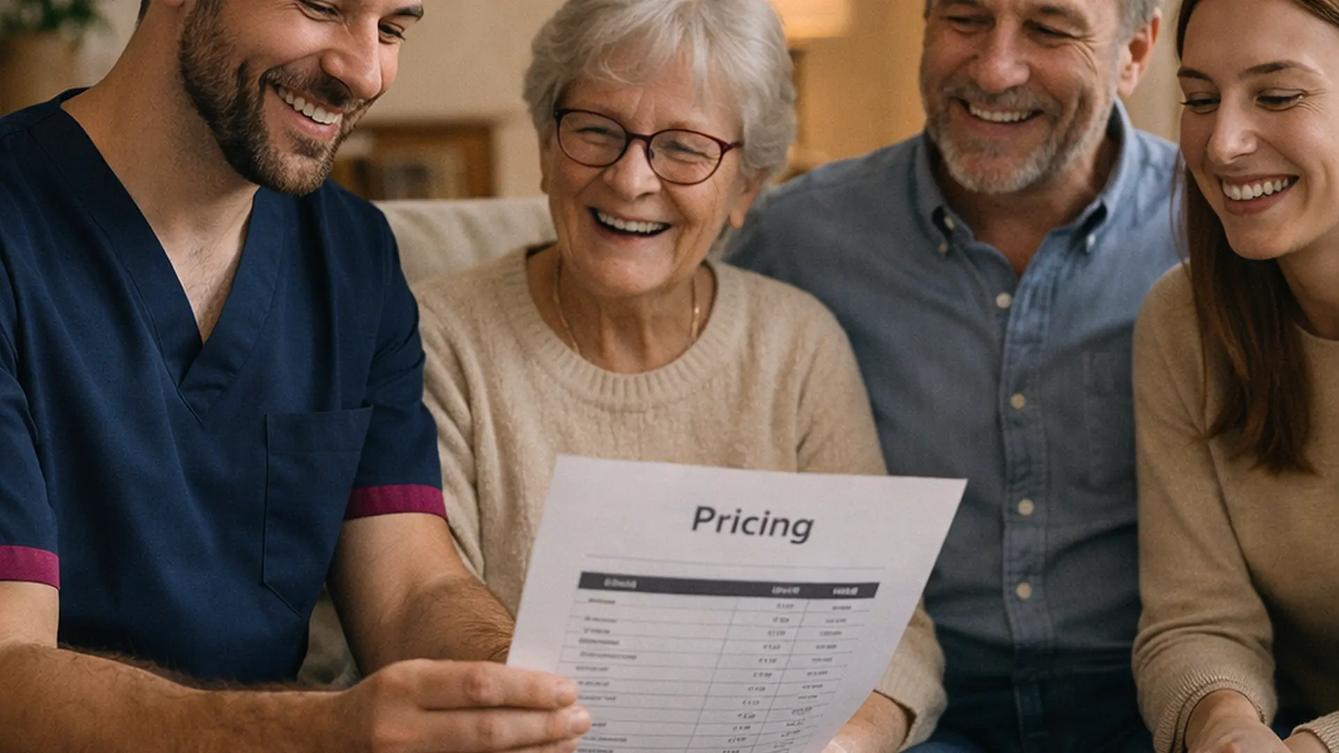A realistic image of a caucasian male caregiver wearing a tunic 00072b with accent e51974 reviewing a printed pricing sheet with a family smiling reassuringly warm living room setting natural and non stylised. all are happy and comfortable