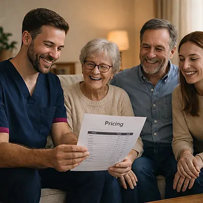 A realistic image of a caucasian male caregiver wearing a tunic 00072b with accent e51974 reviewing a printed pricing sheet with a family smiling reassuringly warm living room setting natural and non stylised. all are happy and comfortable