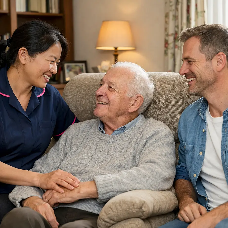 A realistic image of an asian female caregiver in a 00072b tunic with e51974 accent chatting warmly with a caucasian elderly man in his armchair while his adult son smiles body language open and relaxed cosy home environment realistic not AI art like